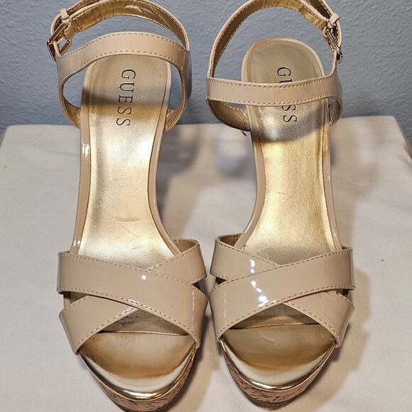 GUESS Tan Patent Leather Platform Cork Sandals - Picture 5 of 12